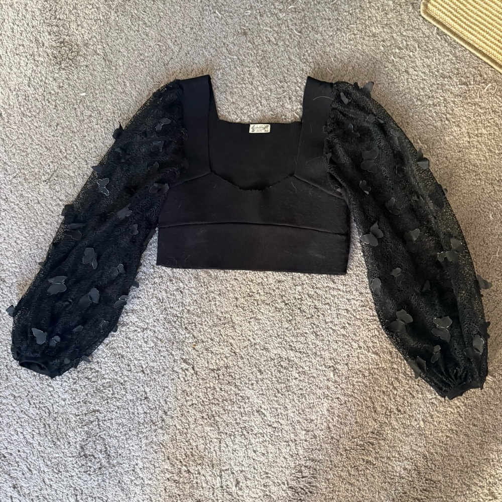 Free People Black Puff-Sleeve Crop Top with Textured Floral Sleeves